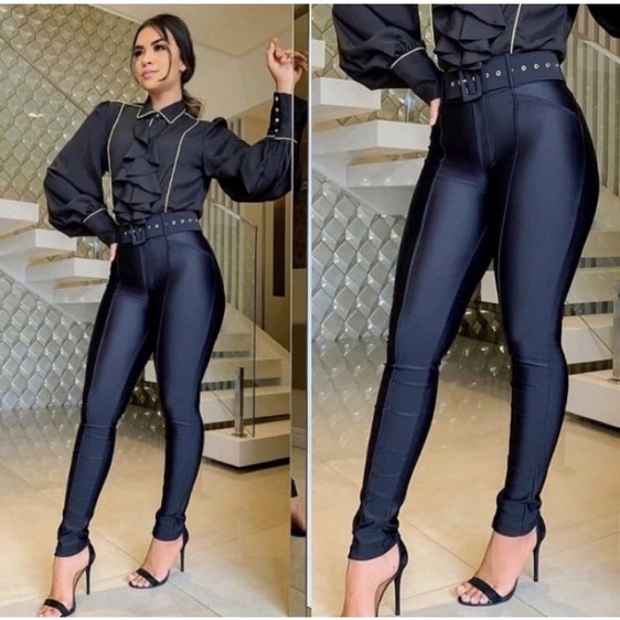 Calça Feminina Skinny Cintura Alta Calça Cirrê De Cinto Estilosa P ao G2