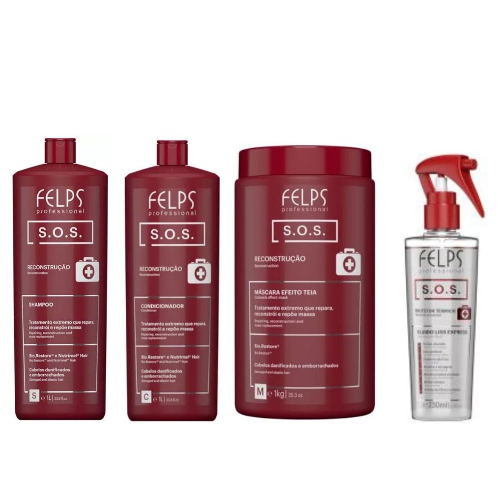 Kit SOS Shampoo 1L + Condicionador 1L + Máscara 1Kg + Liss Express 230ml Felps -Reconstrução Capilar
