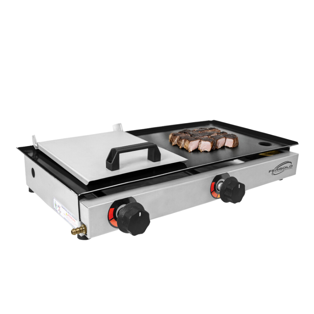 Chapa de Hambúrguer Profissional com Prensa 30x60 Inox á Gás 2Q Chapeira Lanche Bifes Porções