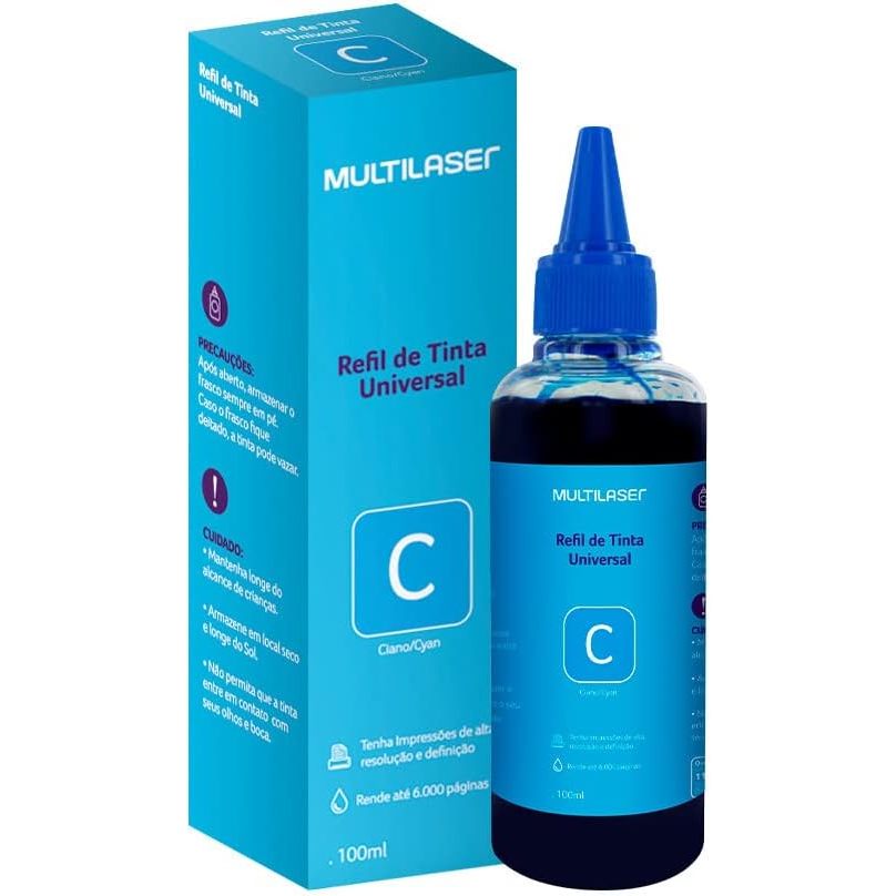 Refil de Tinta Universal Compatível com Epson, HP e Canon, Multilaser, 100ml Ciano - RF018