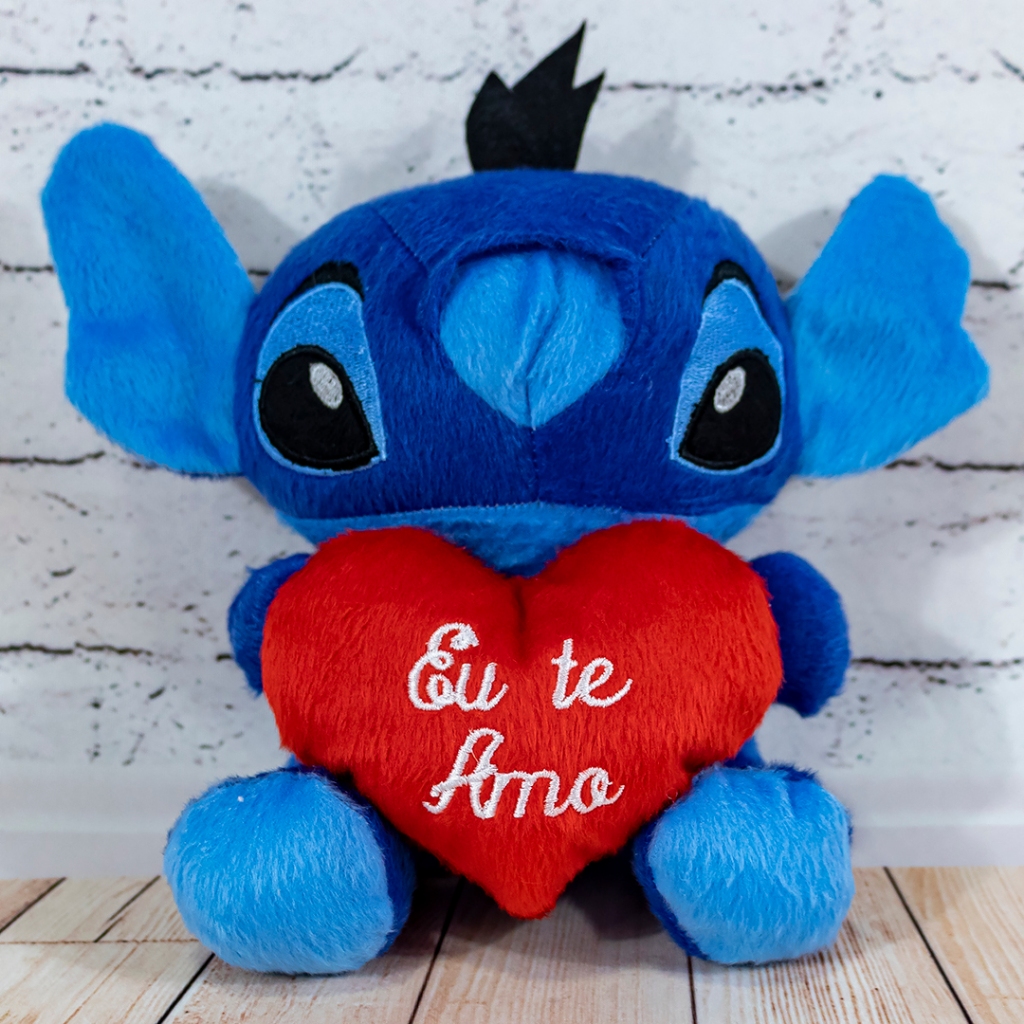 Boneco de Pelúcia Stitch com Coração Eu Te Amo - Azul - 20 Centímetros