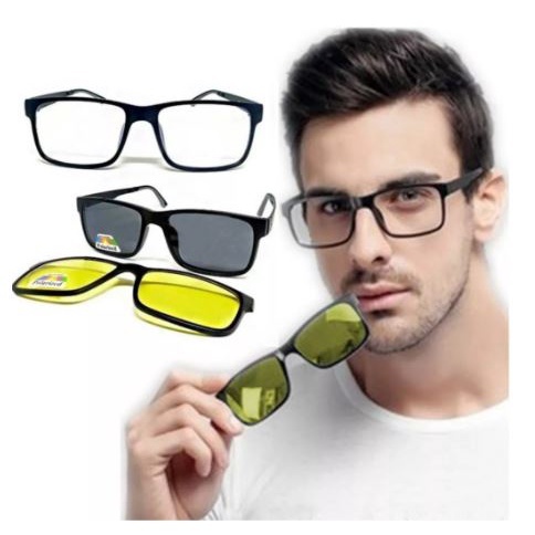 Armação de Óculos e sol clip on 3 em 1 preto e amarelo masculino em Oferta na Shopee