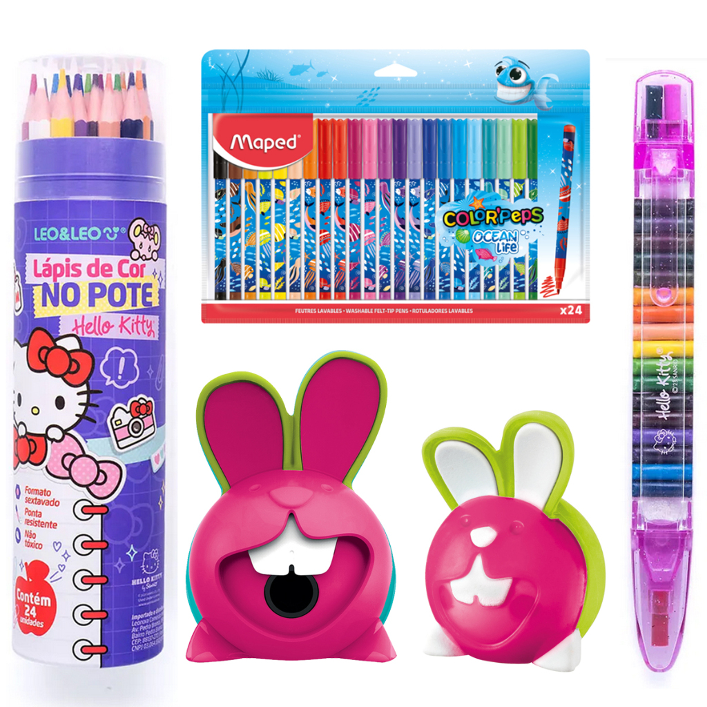 Canetinha + Apontador Croc Croc + Lapis De Cor Hello Kitty + Borracha Decorada + Giz de Cera Troca Ponta - Leo e Leo Maped