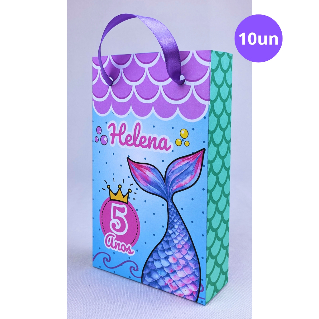 Kit 10 Sacolinhas Calda Sereia Papel Offset 180g Personalizada 15,5x9,8x3,5cm Saquinho Bolsa de Lembrancinha Infantil