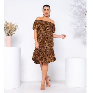 Vestido Curto de Ombro a Ombro Estampa Onca