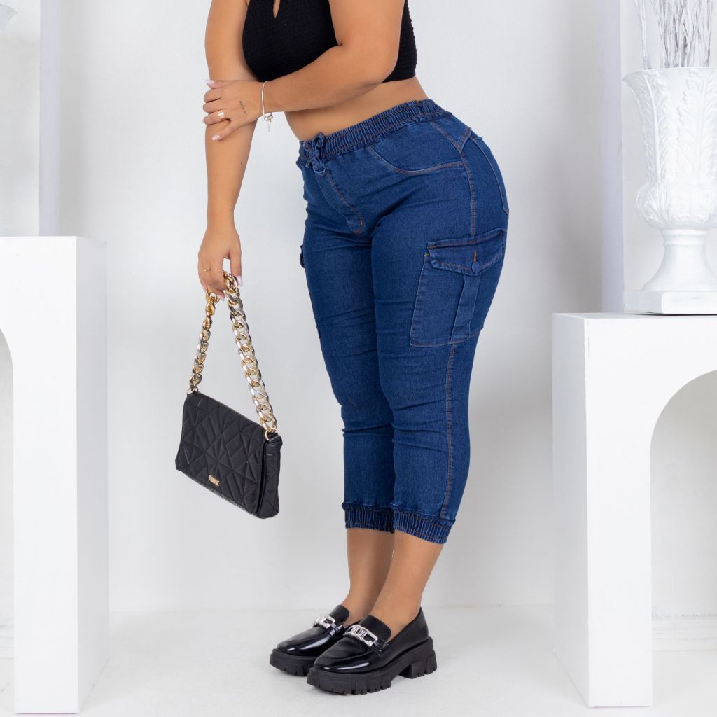 calça jeans cargo feminino plus size cós alto bolso lateral elastano premium em Oferta na Shopee