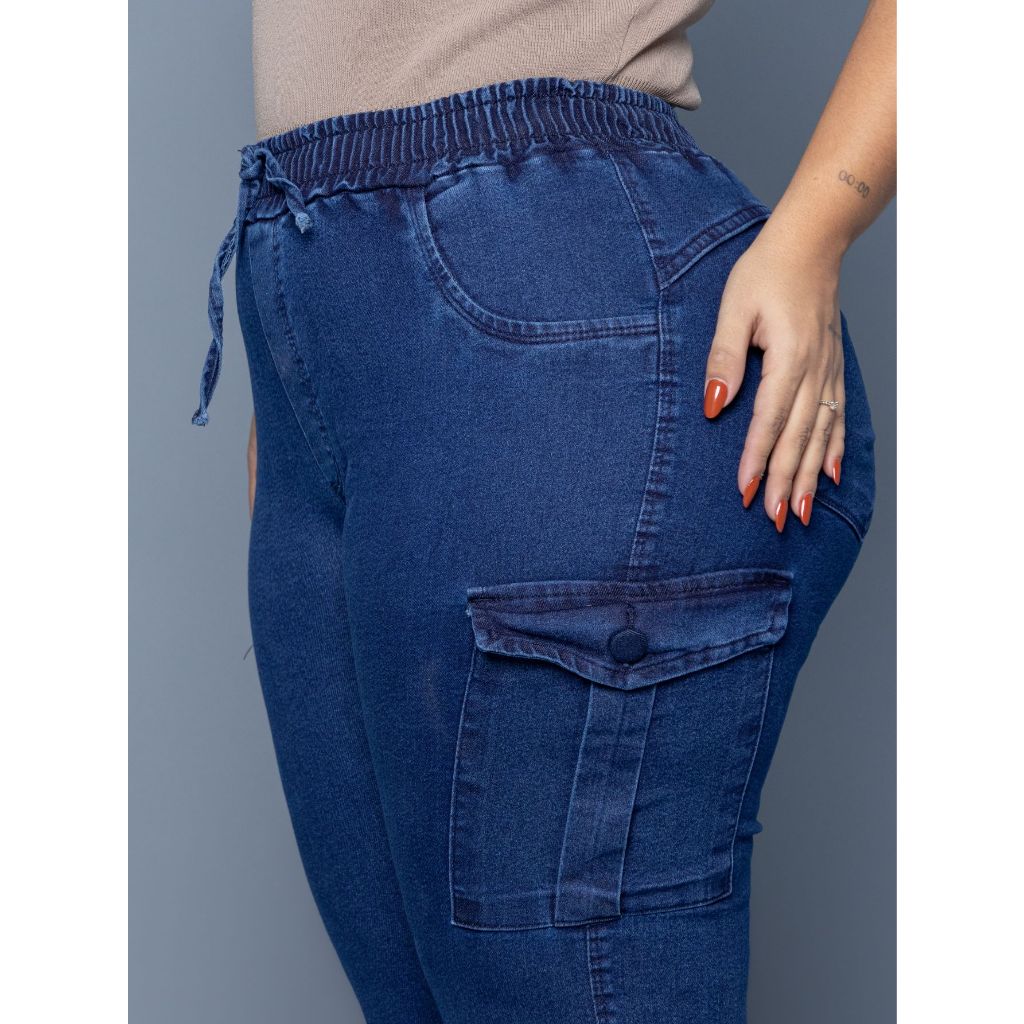 calça jeans feminino plus size jogger cargo com elastano strech empina bumbum top de linha em Oferta na Shopee