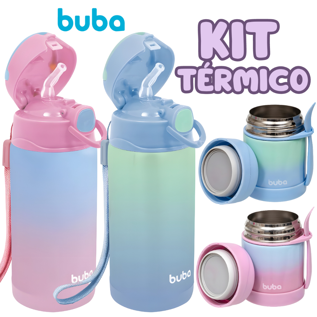 Kit Garrafa Térmica Infantil + Pote Térmico Infantil Buba Garrafinha Com Canudo e Potinho Conserva
