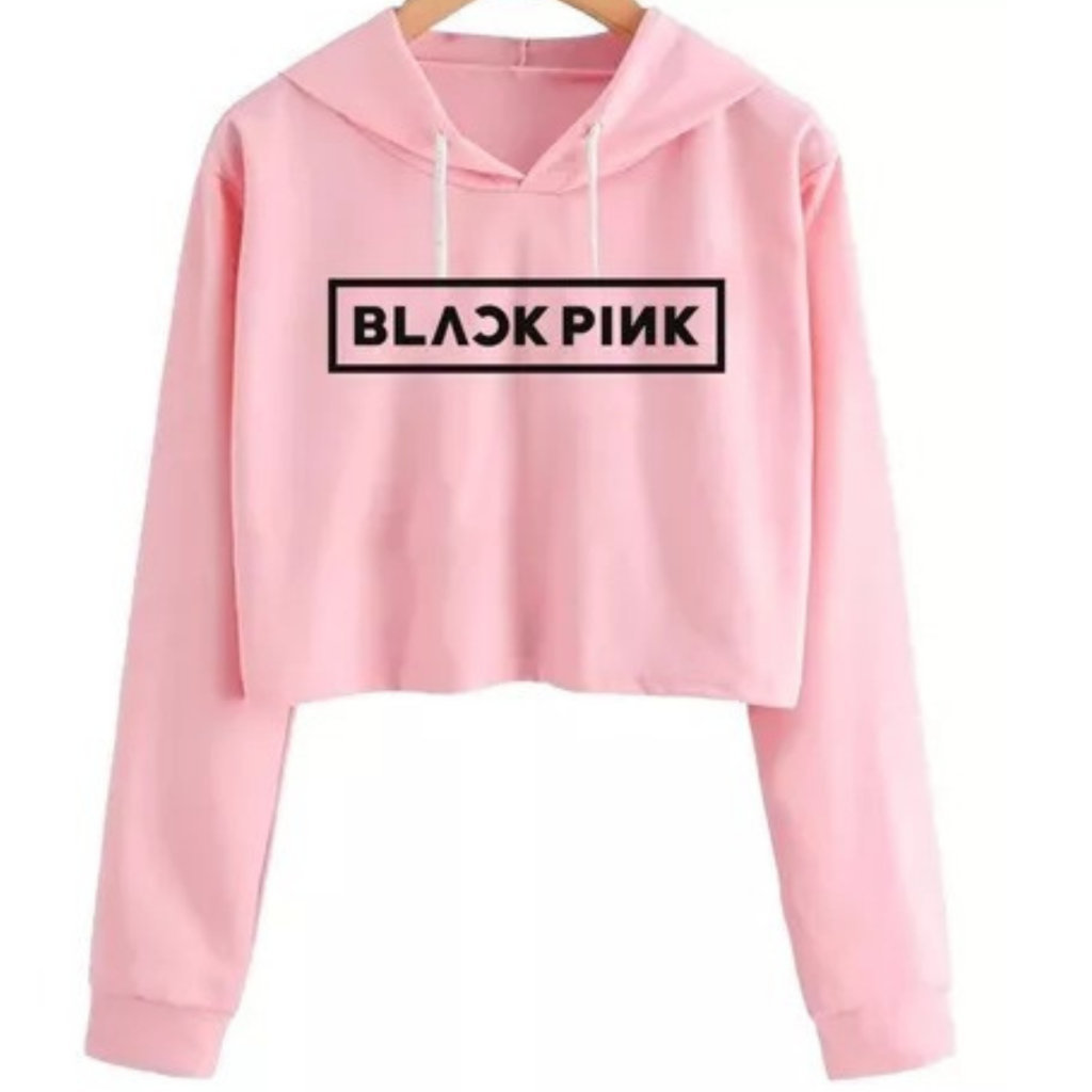Moletom Feminino Cropped Com Capuz Curto Blusa de Frio Black Pink Dorama