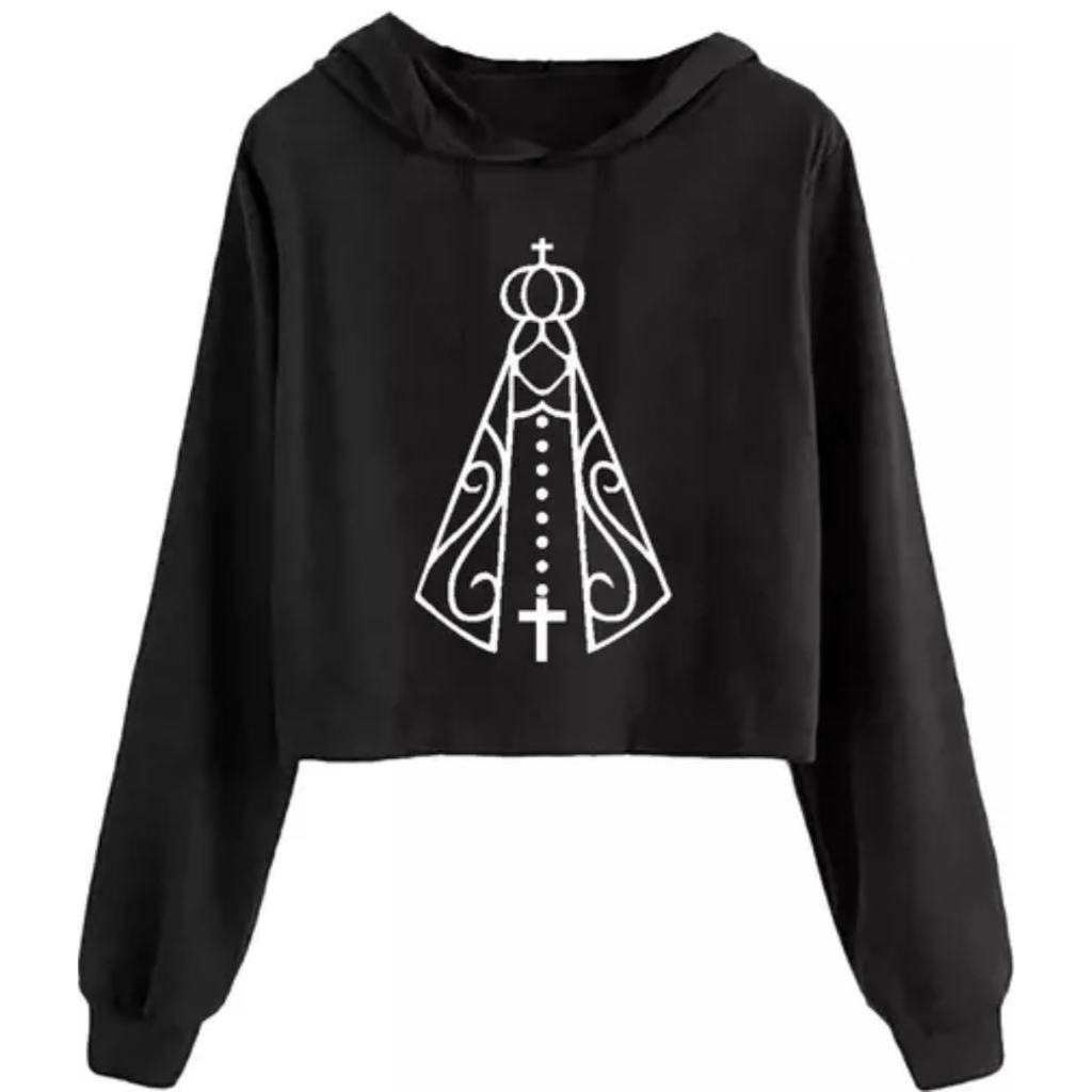 Cropped Moletom Catolico Nossa Senhora Aparecida Com Capuz Manga Longa