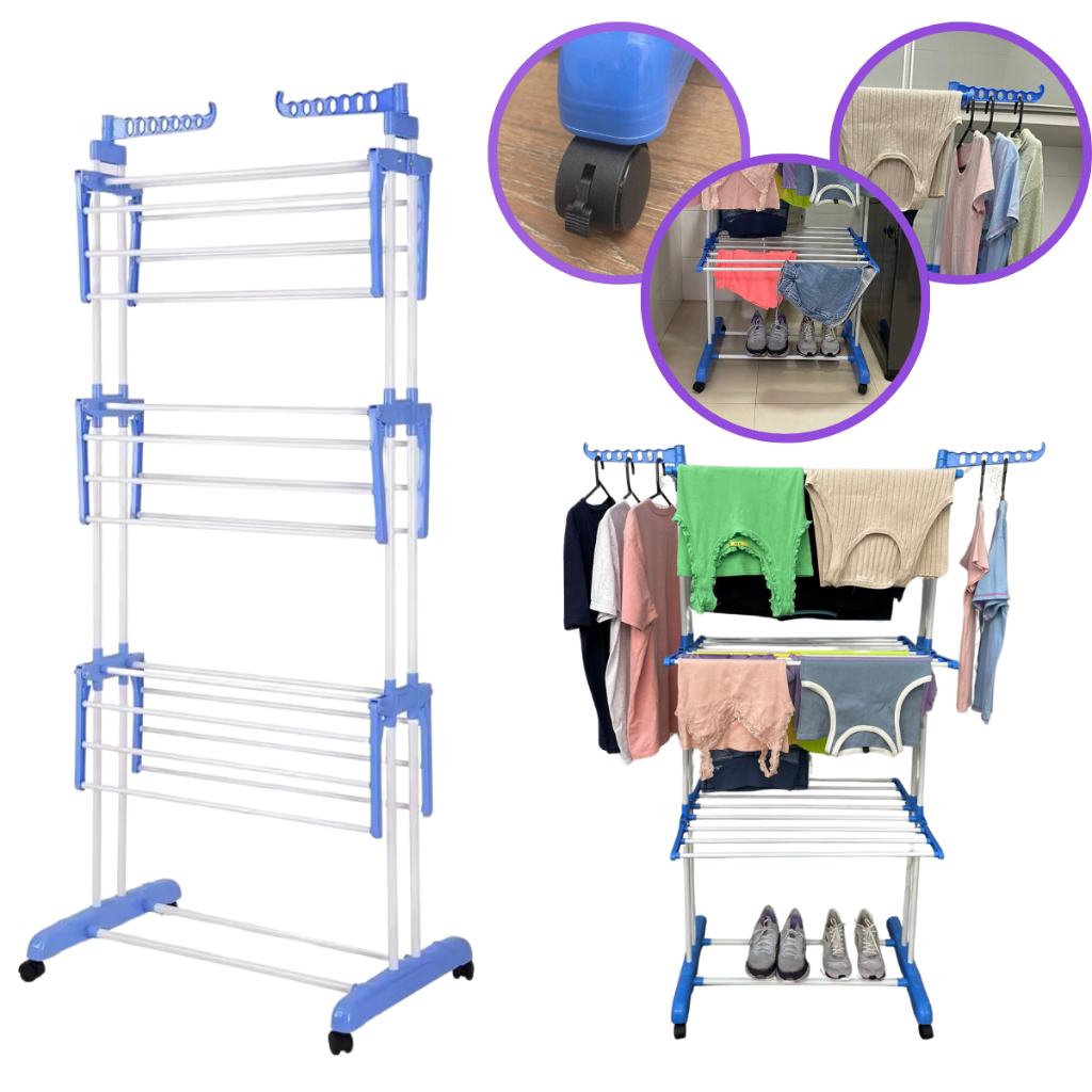 Varal De Chão De Roupas 3 Andares Dobrável Grande 4 Rodas