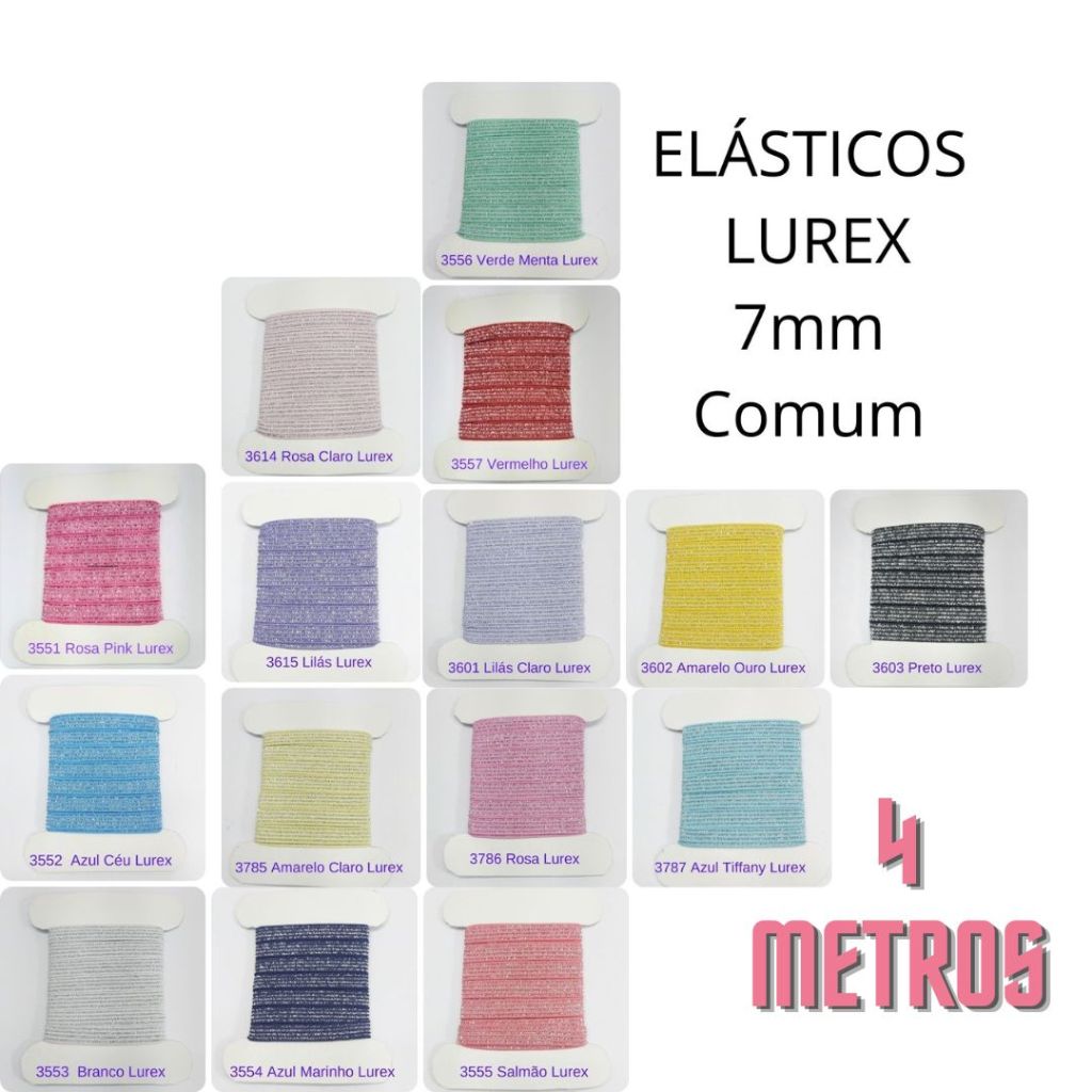 4 metros Elástico Lurex Brilho Encadernação 7mm  Rosa Azul Salmão Lilás Dourado Preto Branco