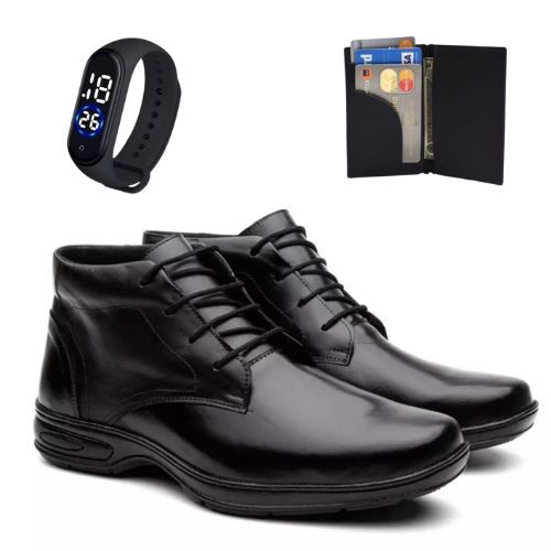 Bota Masculina Ortopédica Casual de Couro Legitimo Sola Macia Antiderrapante + Carteira e Relógio