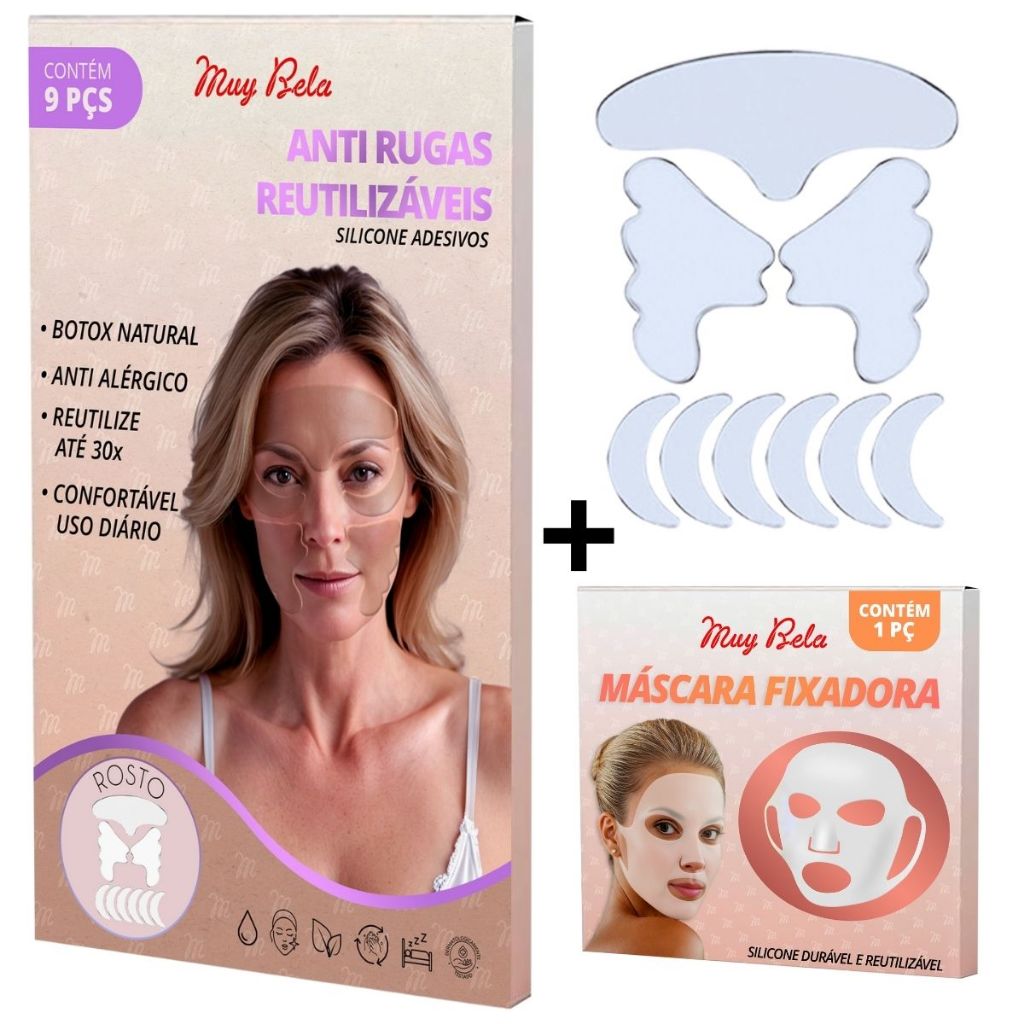 Kit 9 Adesivos Anti Rugas + Máscara Facial | Adesivo de Rosto Silicone | Lifting Facial | Skin Care Noturno Reutilizável