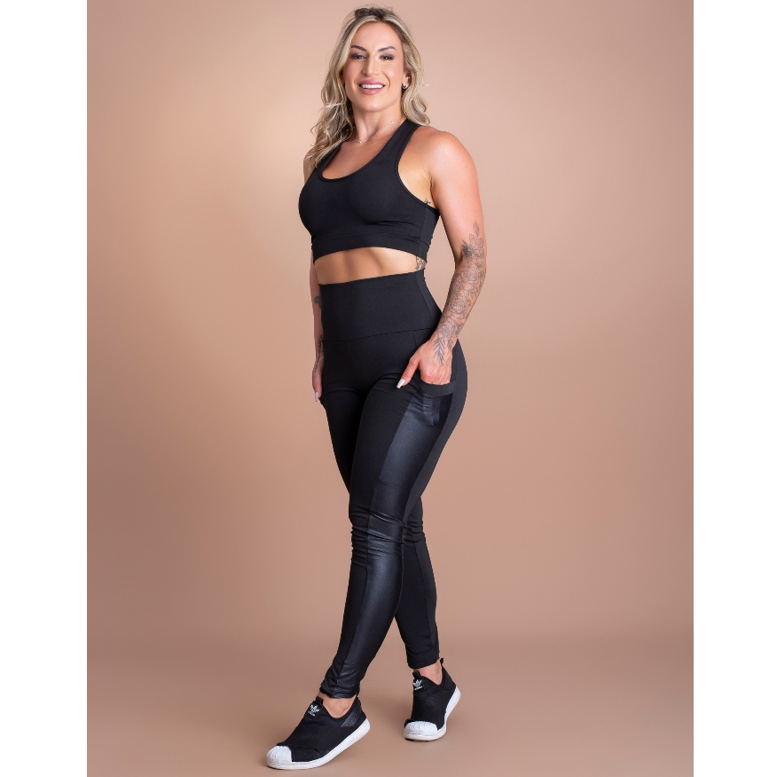 Conjunto Fitness Feminino Calça Legging Cintura Alta Com Bolso Lateral Cirrê e Top Liso Nadador Academia GJR Modas
