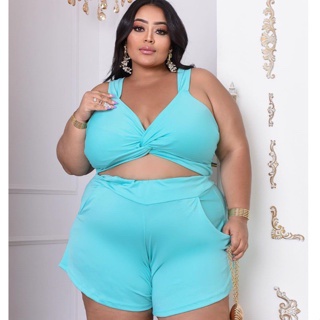 Conjunto Feminino Plus Size Tamanho Grande Short e Blusa Cropped Nó Alça em Oferta na Shopee