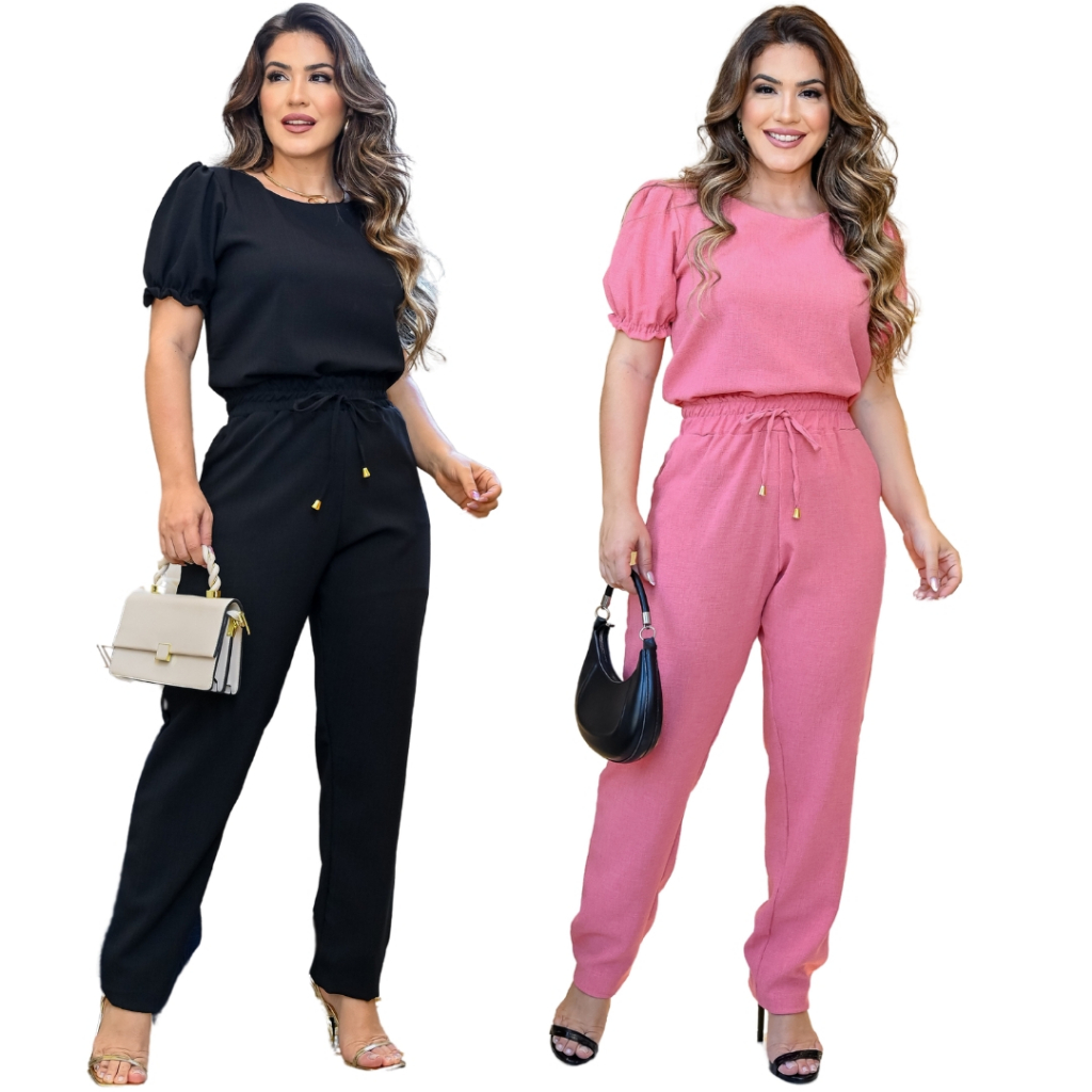 Kit 02 Conjunto Feminino Casual Social Elegante Blusa Calça em Linho De Algodão com Manga Bufante Cores Verão 2023 Roupa Feminina Uniforme Festa Barata Oferta Imperdível