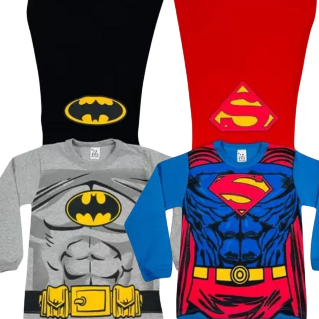 Camiseta Infantil Manga Longa Super Herói c/Capa Menino Batman Super Homem