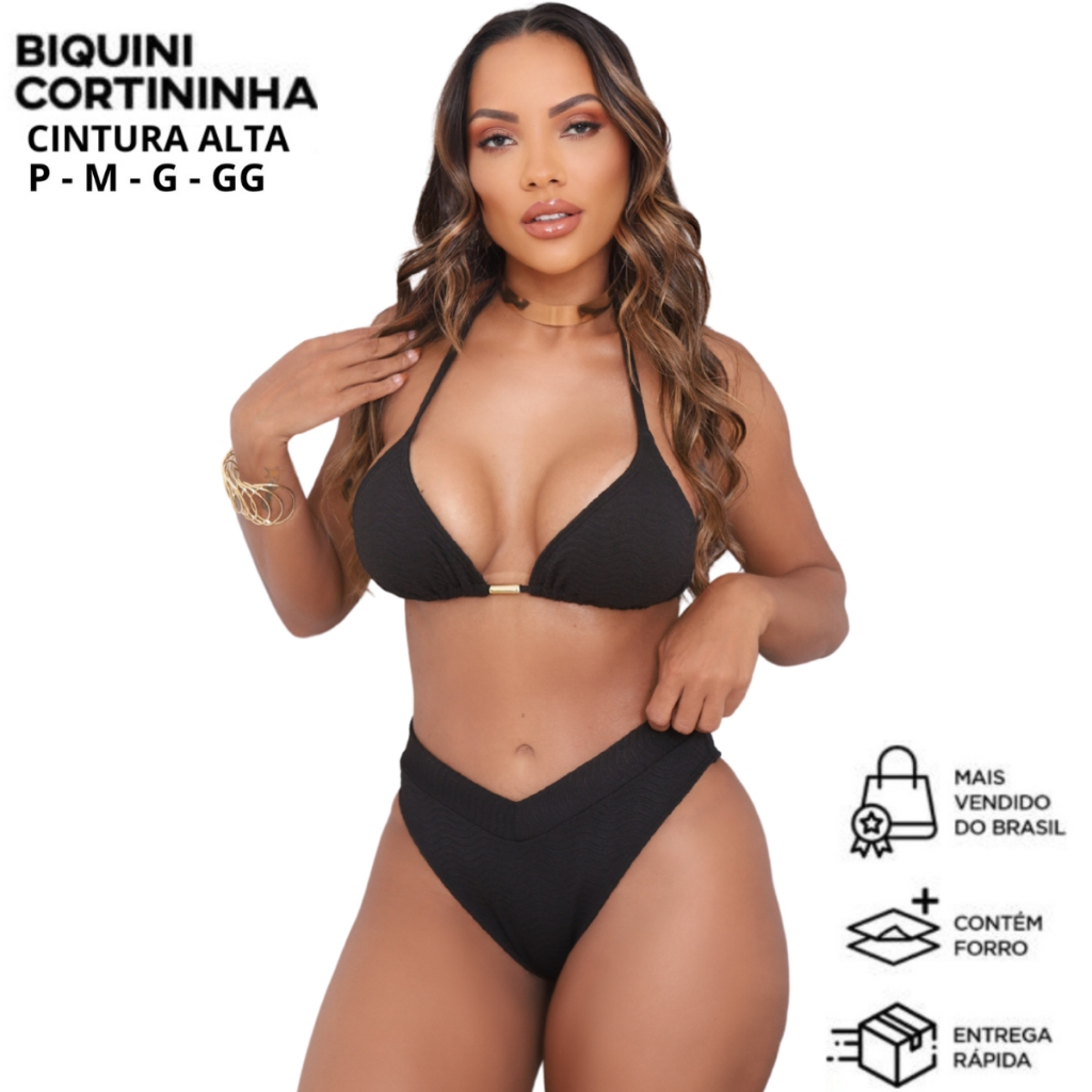 Conjunto Biquíni Top Cortininha Calcinha Asa Delta Cintura Alta Canelado em Oferta na Shopee