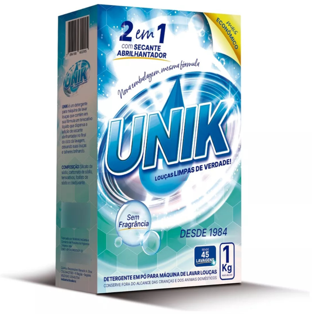 Sabão Máquina Lava Louças UNIK 2 em 1 Mais Econômico Detergente Sem Fragrância com Secante 1KG