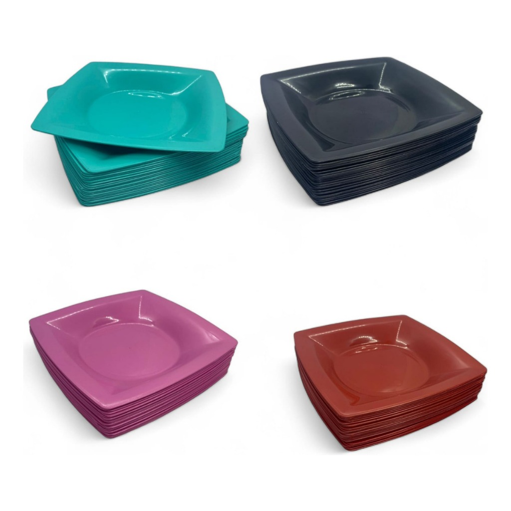 Kit 25 Pratos Quadrados Fundos Plástico Reutilizável Modelo 2 - Refeições Festas Lanches Cores Variadas em Oferta na Shopee