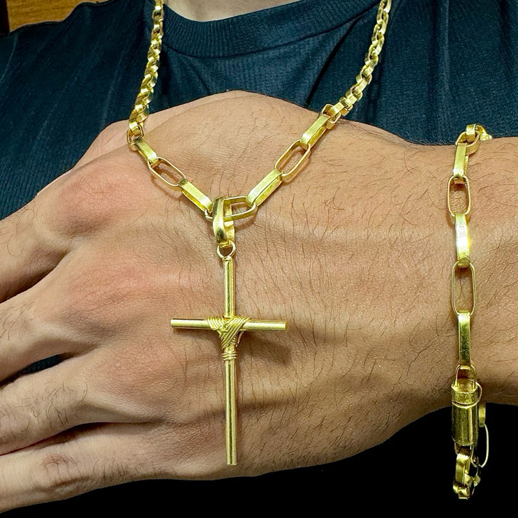 Cordão Corrente Colar Tijolinho Meia Cana + Pulseira+ Pingente 100% Moeda Antiga em Oferta na Shopee