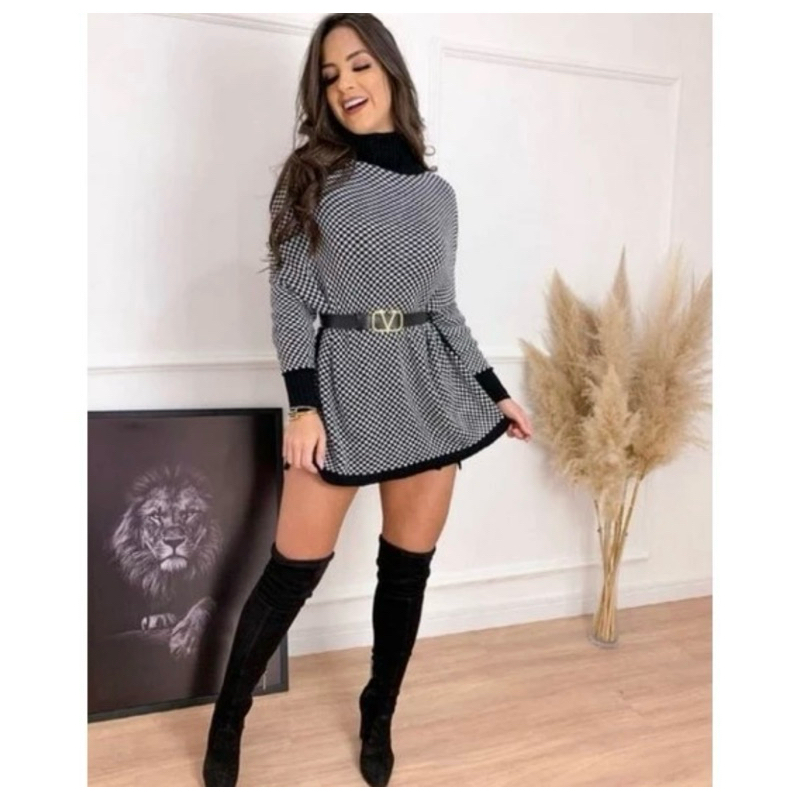 Poncho de Tricot Vestido Roupas Femininos Blusa Xadrez Gola Alta Trico Blusão