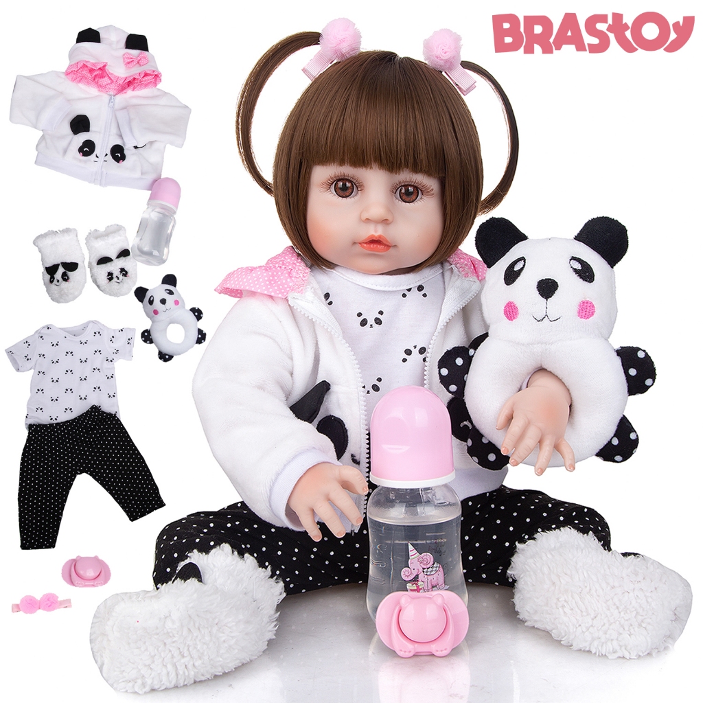 Brastoy Bebê Reborn Boneca 100% Silicone  48cm Menina Olhos Castanhos Panda