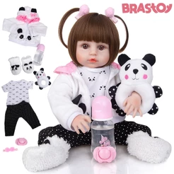 Brastoy Bebê Reborn Boneca 100% Silicone 48cm Menina Olhos Castanhos Panda