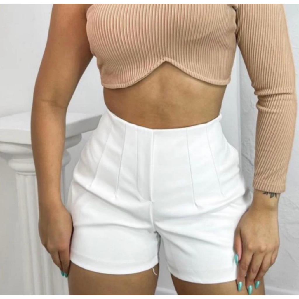 Short Alfaiataria Feminino Estilo Zara Cintura Alta Com Zíper Na Lateral