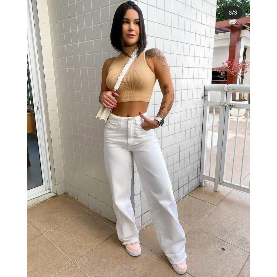 Calça Jeans Pantalona Wide Leg Branca Feminina Envio Imediato em Oferta na Shopee
