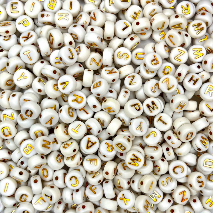 Miçanga letras 500 unidades aprox. redonda achatada branca e dourada 70 g em Oferta na Shopee