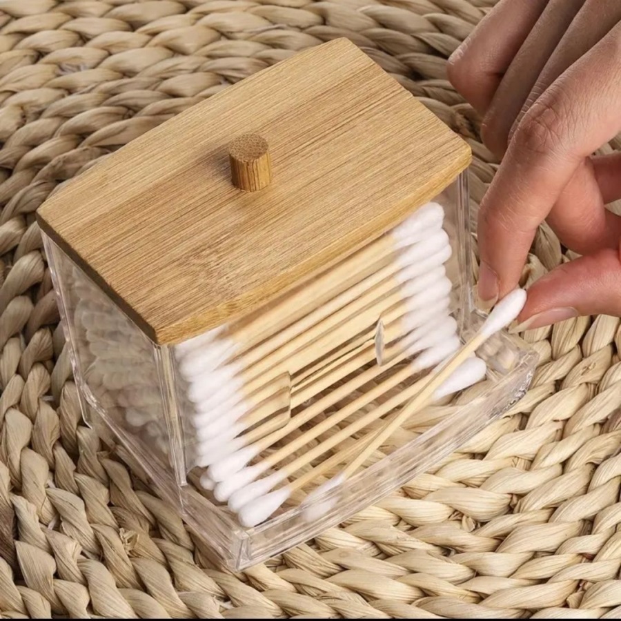 Porta Cotonetes De Acrílico Bambu 9x8Cm Top Útil Prático E Útil Para Armazenar Os Seus Cotonetes