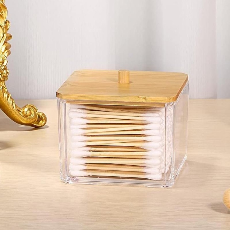 Organizado Pote Acrílico Cotonetes Tampa Bambu Para Guardar Algodão DIsco Removedor De Maquiagem E Outros Itens Pequenos em Oferta na Shopee
