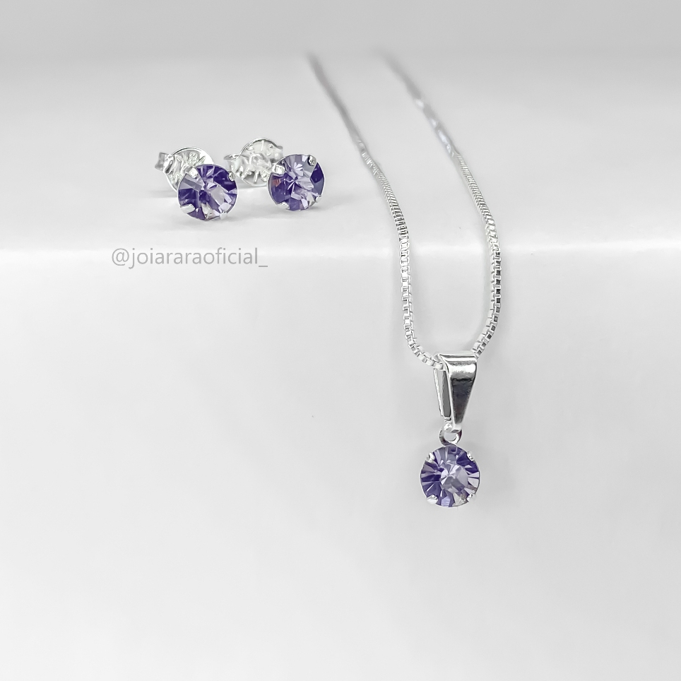 Conjunto de Colar e Brinco Ponto de Luz Banhado a Prata com Pedra na Cor Lilás em Oferta na Shopee