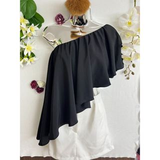 T012 Camisas sem gola e assimétricas, camisas sólidas com babados e forradas em Oferta na Shopee