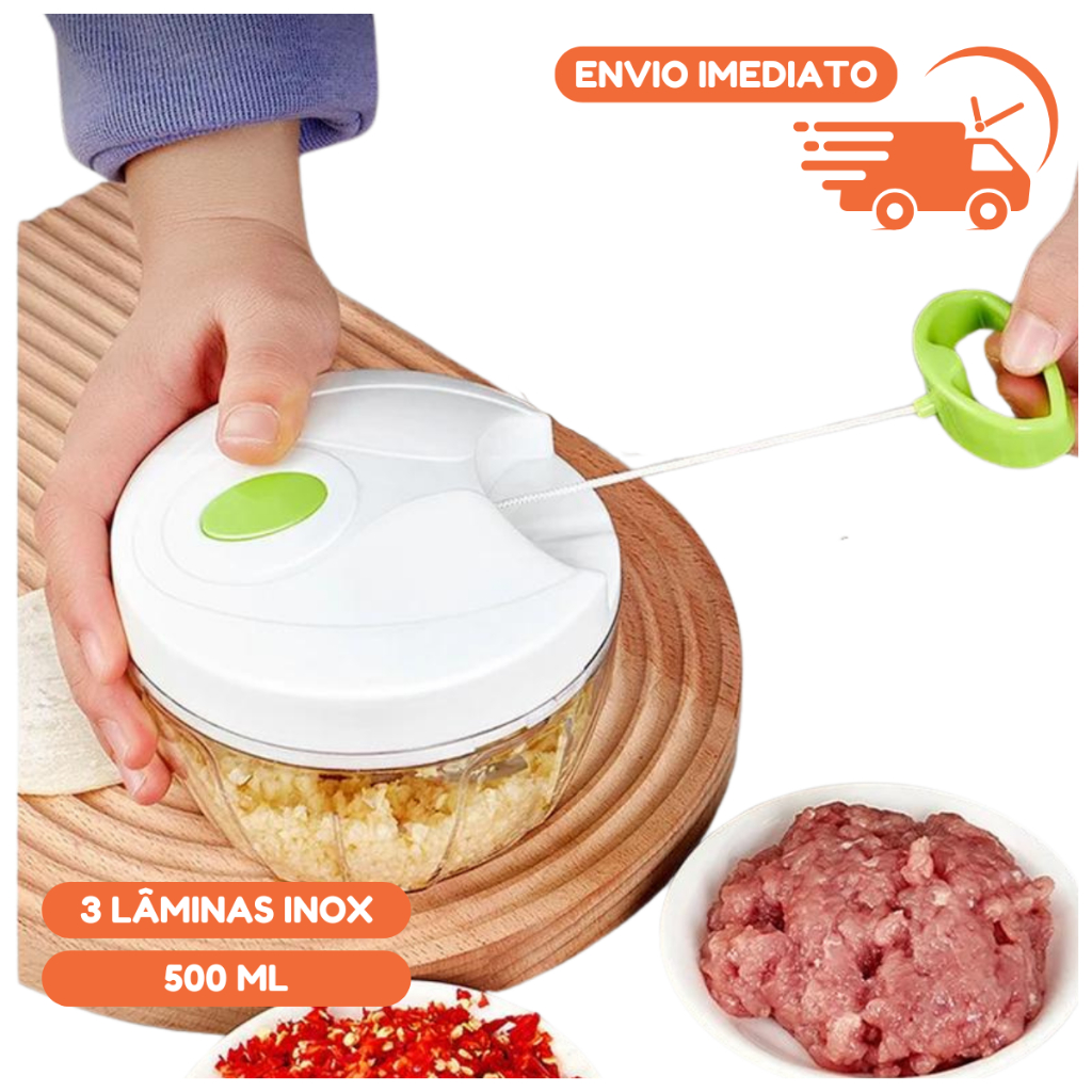 Mini Triturador e Processador Manual para Alimentos Alho Legumes Cebola Vinagrete e Carnes - 500 mL