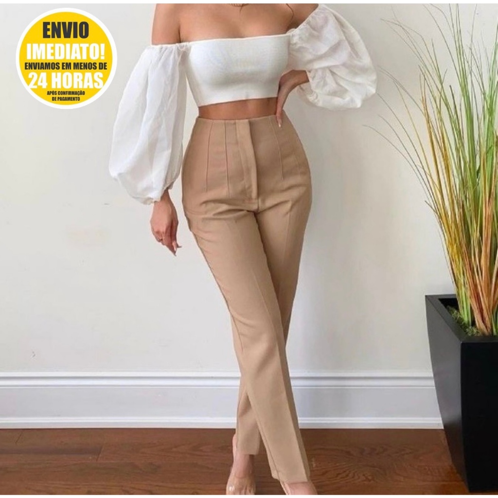 Calça Alfaiataria Feminina Cintura Alta Com Zíper Lançamento Blogueira ZR Social Slim Fino...