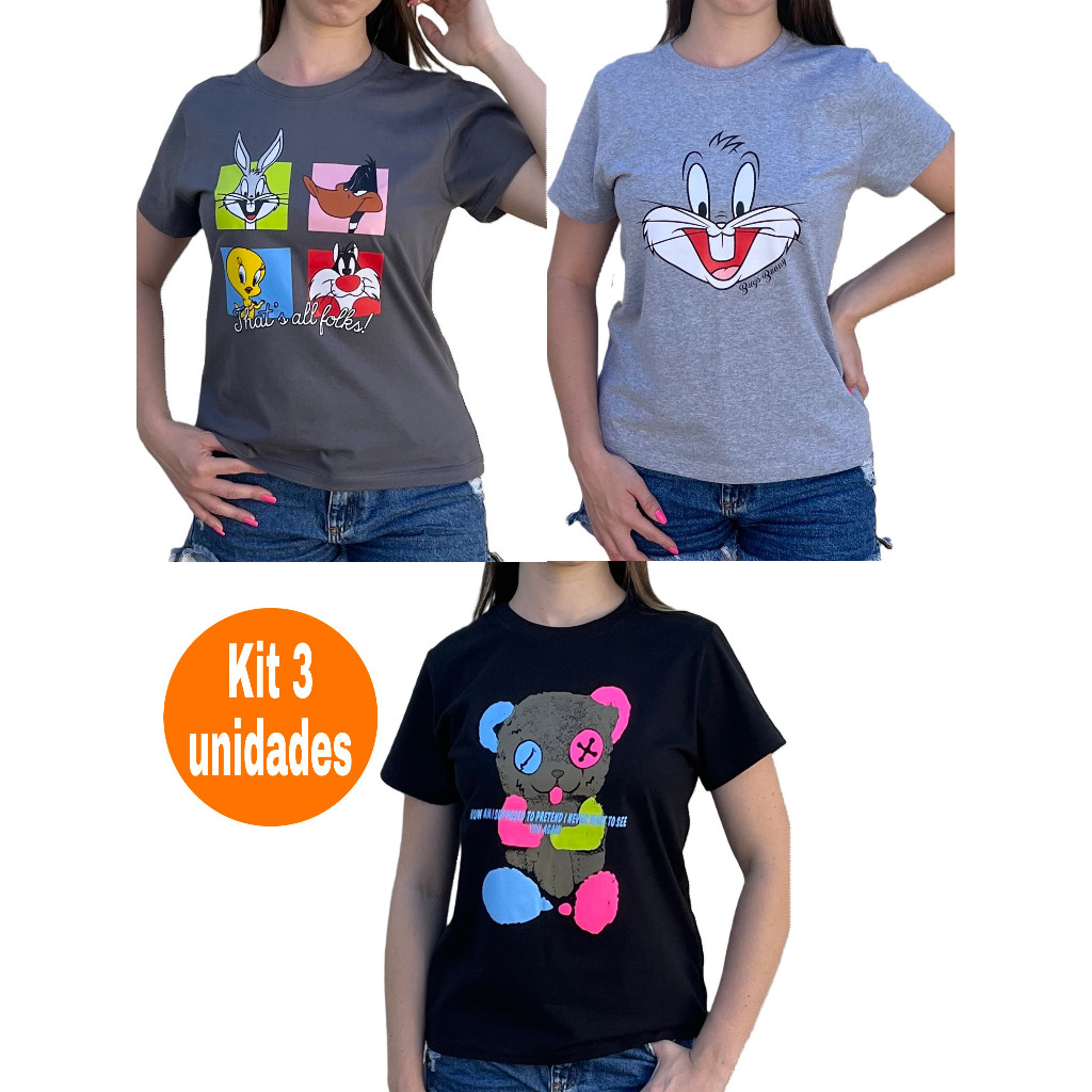 kit 3 camiseta feminina blusa 100% algodão t-shirt