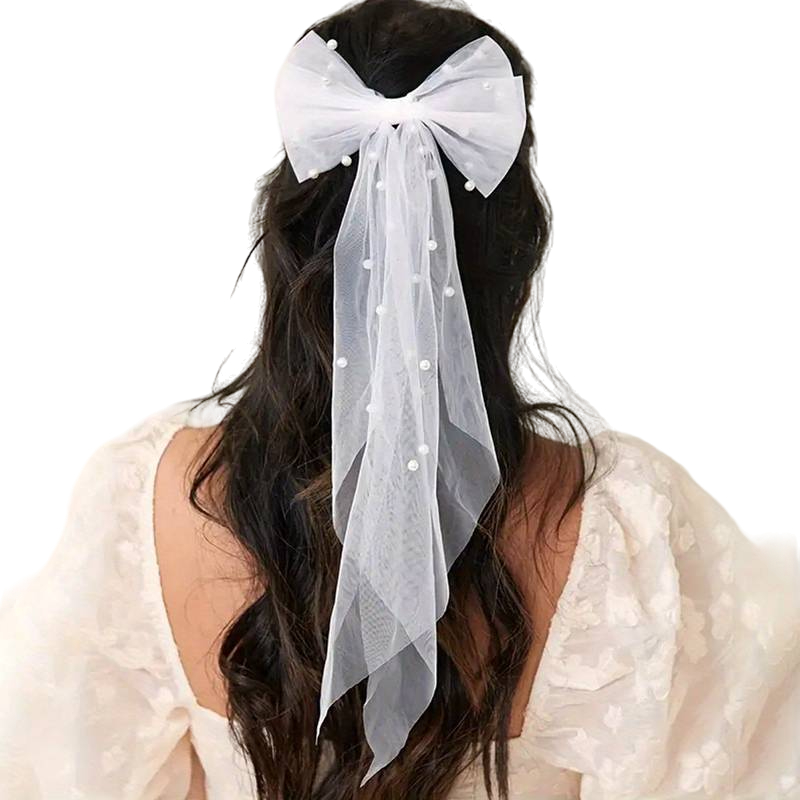 Grinalda Véu Laço Noiva Detalhe Pérolas - Véu Curto Fotos Pré Wedding Casamento