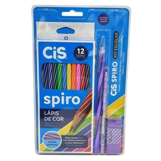 Kit Escolar Spiro-Lápis de Cor Caneta Lapiseira Borracha-Cis Papelaria Básico Comum