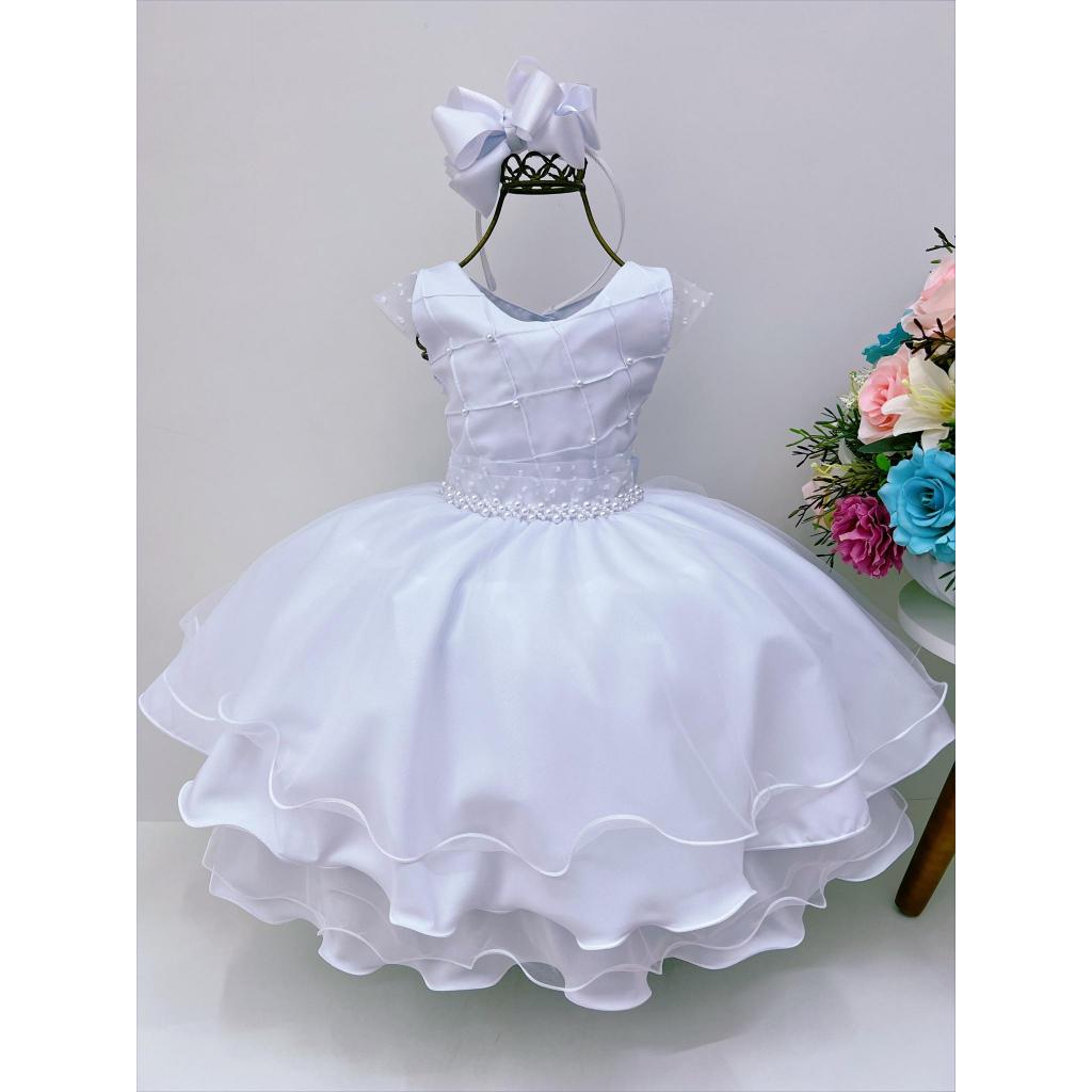 Vestido Infantil Branco Batismo Batizado Comunhão Eucaristia Pérolas Dama Daminha Florista Noivinha Rodado Realeza Luxo
