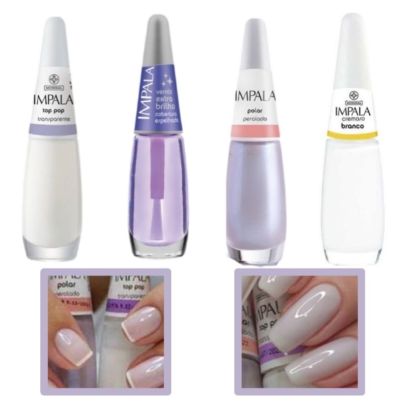 Kit Unha Francesinha Esmalte Impala Branco Cremoso Top Pop Polar Verniz Extra Brilho 7,5ml cada