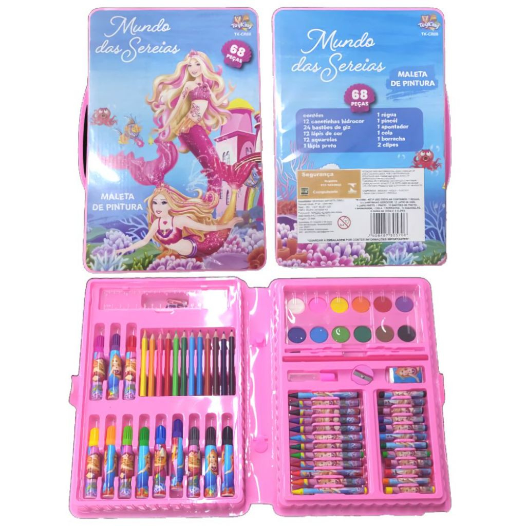 Maleta de Pintura Escolar Infantil Mundo das Sereias 68 Peças com Desenhos para Colorir