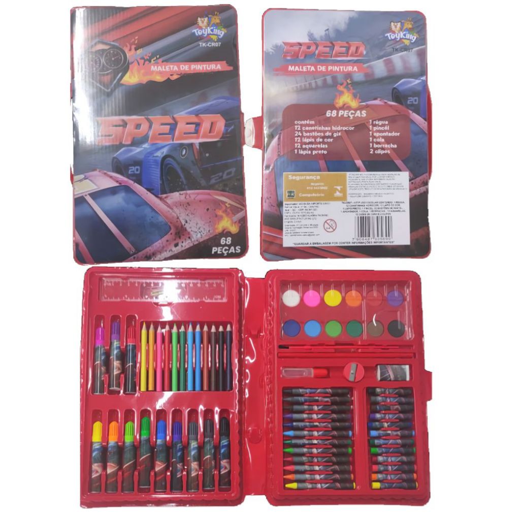 Maleta de Pintura Escolar Infantil Carros Speed 68 Peças com Desenhos para Colorir