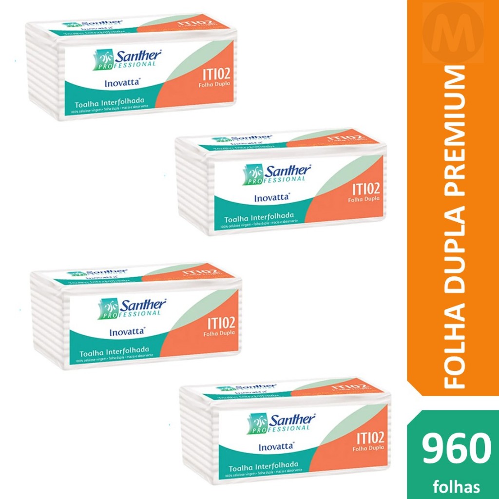 Papel Toalha Folha Dupla Santher Inovatta Alta Qualidade Kit 4 Pacotes 240fls