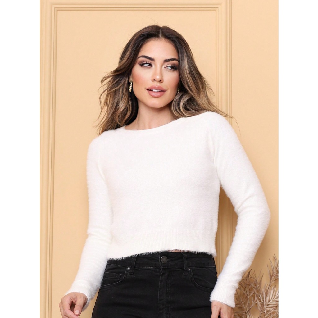 Blusa suéter feminino de pelinho cropped manga longa moletom grosso inverno blusa de frio gola redonda liso