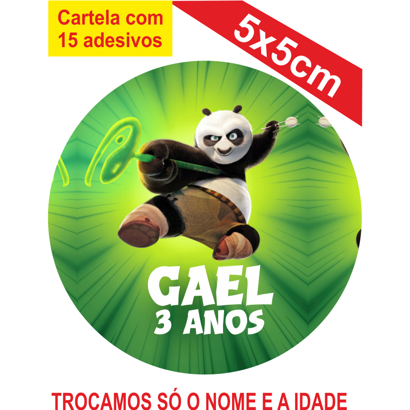 2 Cartelas de Adesivos (30 unidades) Kung Fu Panda Personalizados 5x5cm Festa Aniversário Lembrancinha