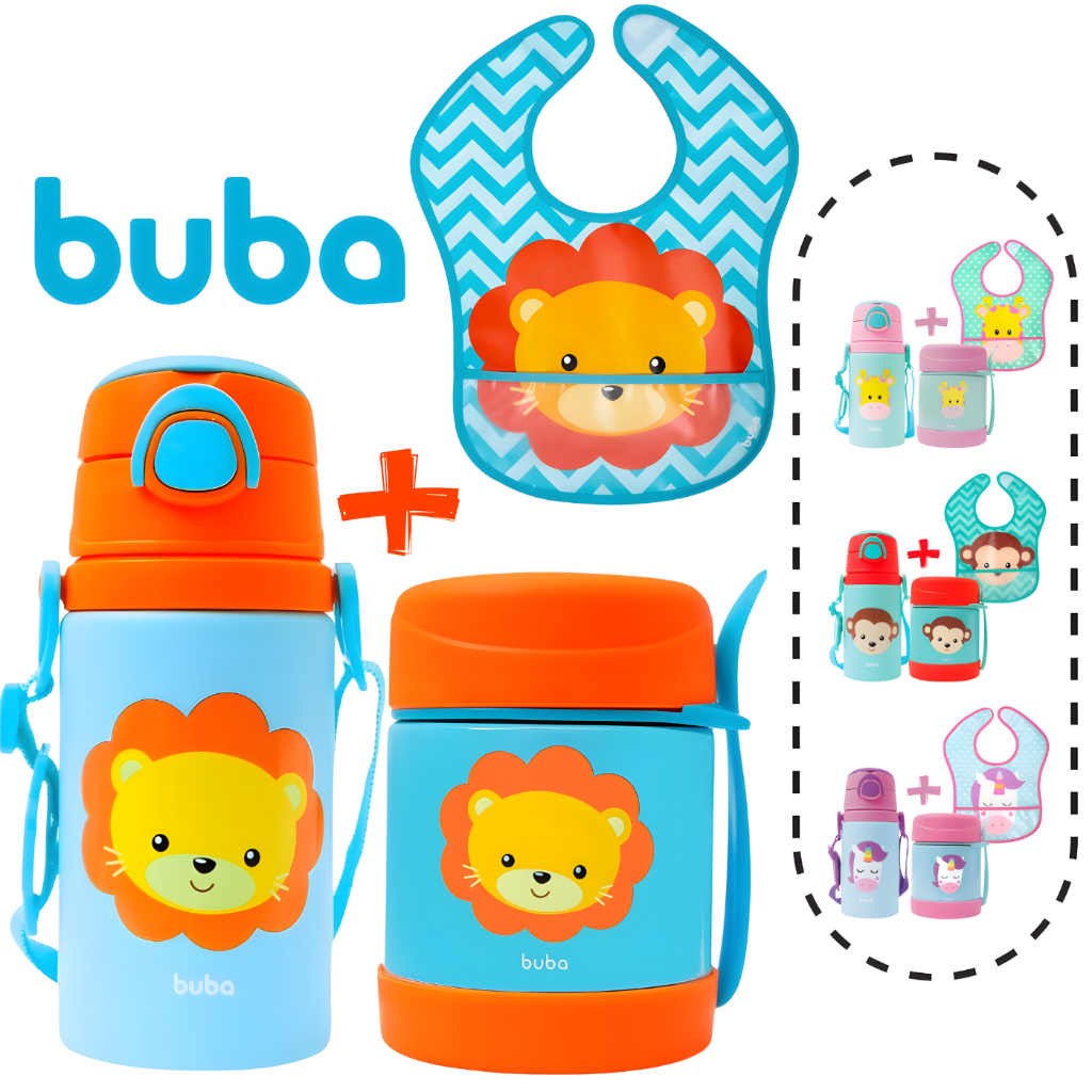 Kit Buba Garrafa Infantil + Pote Térmico + Babador Kit Alimentação Infantil Garrafinha Bebê Potinho