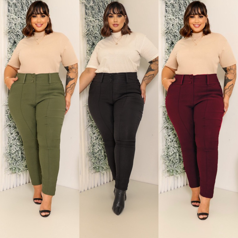 CALÇA ALFAIATARIA BENGALINE PLUS SIZE BOTÃO FORRADO BOLSO E ZIPER DETALHE PASSANTES MODELO TIPO SOCIAL ELEGANTE em Oferta na Shopee